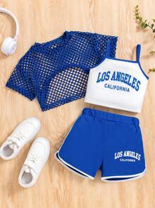 SHEIN Conjunto de ropa de camiseta de tirantes, top de red y pantalones cortos para niñas jóvenes, deportivo, casual, cómodo y con estilo para verano - azul real - Ver 1