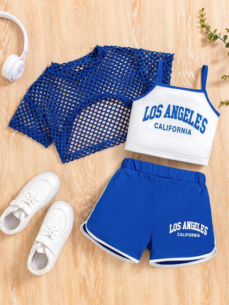 SHEIN Conjunto de ropa de camiseta de tirantes, top de red y pantalones cortos para niñas jóvenes, deportivo, casual, cómodo y con estilo para verano - azul real - Ver 1