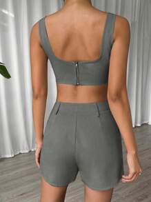 SHEIN EZwear Women Solid Color Simple Style Vest + Short Western-Style Shorts Two-Piece Set For Spring And Summer