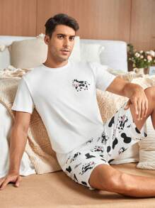 Bộ đồ ngủ nam tay ngắn và quần short in họa tiết bò mùa hè - Đen và trắng - Xem 3