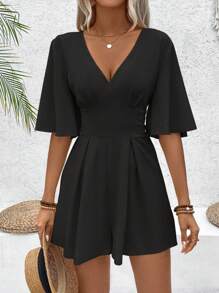 Chiquease Women's Summer V-Neck Solid Color Short Romper With Flare Sleeves And Elastic Waist