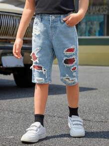 SHEIN Jeans cortos, rasgados, desteñidos y con parches de cuadros rasgados de navidad de color azul para niño joven, con estilo para uso casual en vacaciones de verano y uso diario.