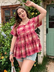 Dreamara WYWH Casual Vacation Romantic Pink Plaid Ruffle Shirt Top - Pink - View 6