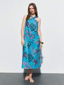 SHEIN Maija 女士夏季热带植物印花度假吊带连衣裙 - 藍色 - 查看 5