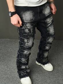 SHEIN Tween Boy Moda Casual Design Sense Rough Edge Quadrado Triângulo Corte Preto Denim Fit Com Jeans Elástico Para Uso Diário E Outono Roupas Infantis