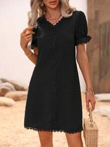 SHEIN LUNE Solid Color V-Neck Lace Spliced Puff Sleeve Dress - Black - View 6