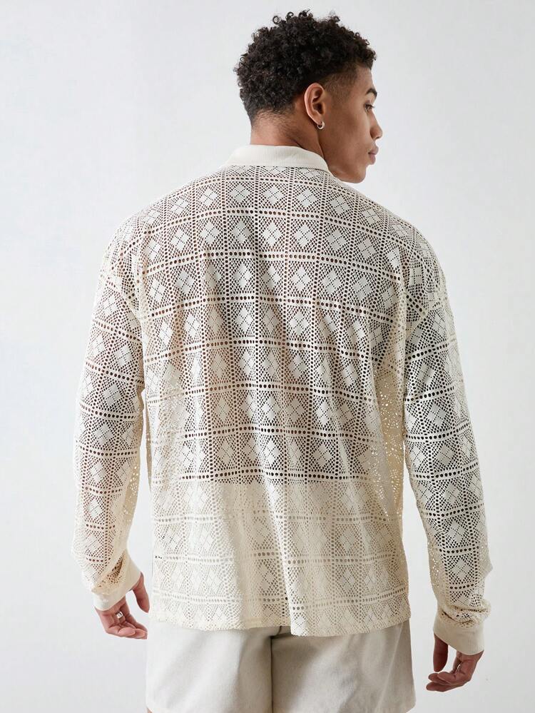 Men's Oversized Long Sleeve Polo In Beige Crochet