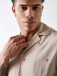 Forever 21 Men's Camp Collar Summer Linen-Blend Embroidered Shirt - Khaki - View 3