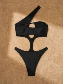 Swim SXY Women Holiday Solid Color One Shoulder Sleeveless Cutout Sexy Fashionable One-Piece Swimsuit Summer - Black - View 4