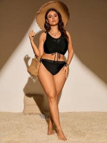 SHEIN Swim Curve 大码镂空纯色泳衣套装，适合海滩度假夏季 - 黑色 - 查看 3