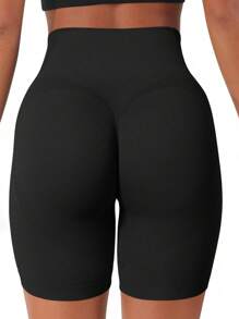 Easithlete 无缝高弹力修身高腰运动短裤骑行短裤 - 黑色 - 查看 7