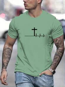 Manfinity Homme Men Summer Casual Short Sleeve T-Shirt With ECG And Cross Print, Christian Graphic Tees Men, Cross T-Shirt, Men's Green Graphic Tee, Men's Green T-Shirt - Mint Green - View 1
