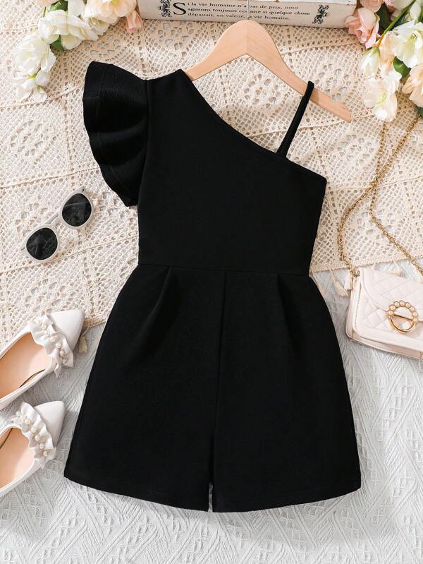 Tween Girls' Summer Solid Color Asymmetric Collar Cap Sleeve Loose Playsuit