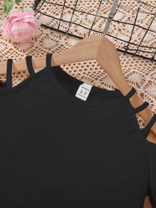 Camiseta casual de verano para niñas preadolescentes con hombros descubiertos y mangas cortas en unicolor - Negro - Ver 4