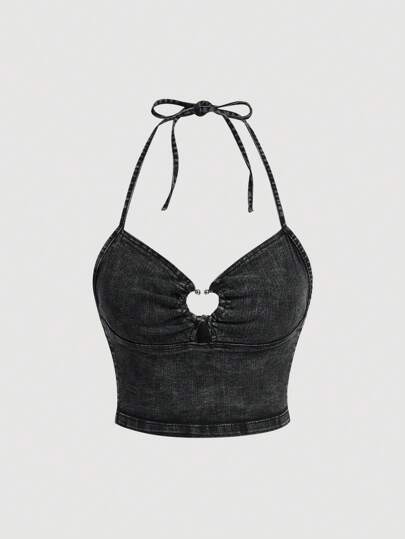 SHEIN MOD 心环相连後背繫帶吊脖牛仔上衣