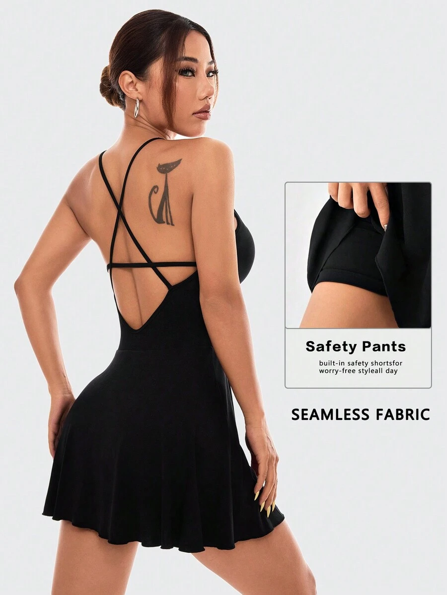 Easithlete Fashionable Seamless Backless Women Athletic Dress Sport Dress - Black - View 1