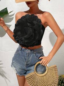 VaVaBold Women Summer Elegant Strapless Top With Exaggerated 3D Flower Decoration