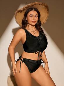 SHEIN Swim Curve 大码镂空纯色泳衣套装，适合海滩度假夏季 - 黑色 - 查看 4