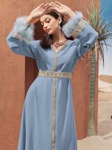 Al Najma Turkish Style Long Dress With V-Neck, Contrast Belt, Fluffy Cuffs And Leather Patchwork, Modest Kaftan
