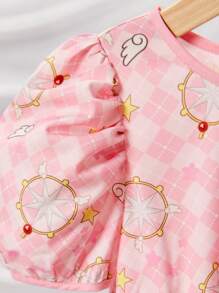 CARDCAPTOR SAKURA | SHEIN Kleine Mädchen 1 Stück Pink Cartoon und Karo Muster Puff Ärmel Kleid
