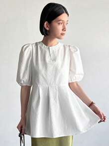 FRIFUL Women Solid Color Texture Short Sleeve Summer Shirt,Ruffle - White - View 4