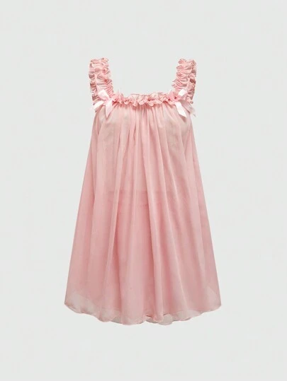 Kawaii Babydoll Pink Chiffon Perspective Sexy Set, School Sweet Girl