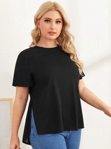 SHEIN Essnce Plus Split Hem Solid Top - Black - View 1