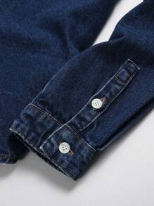 Manfinity Homme 男士時尚長袖牛仔鈕扣襯衫，棉質深藍色派對時尚朋友服裝 - 深色水洗藍 - 查看 8