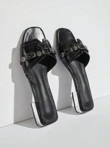 SHUZIA Dép đế bệt mùa hè Peep Toe màu trơn với thiết kế thoải mái thoáng khí - màu đen - Xem 2