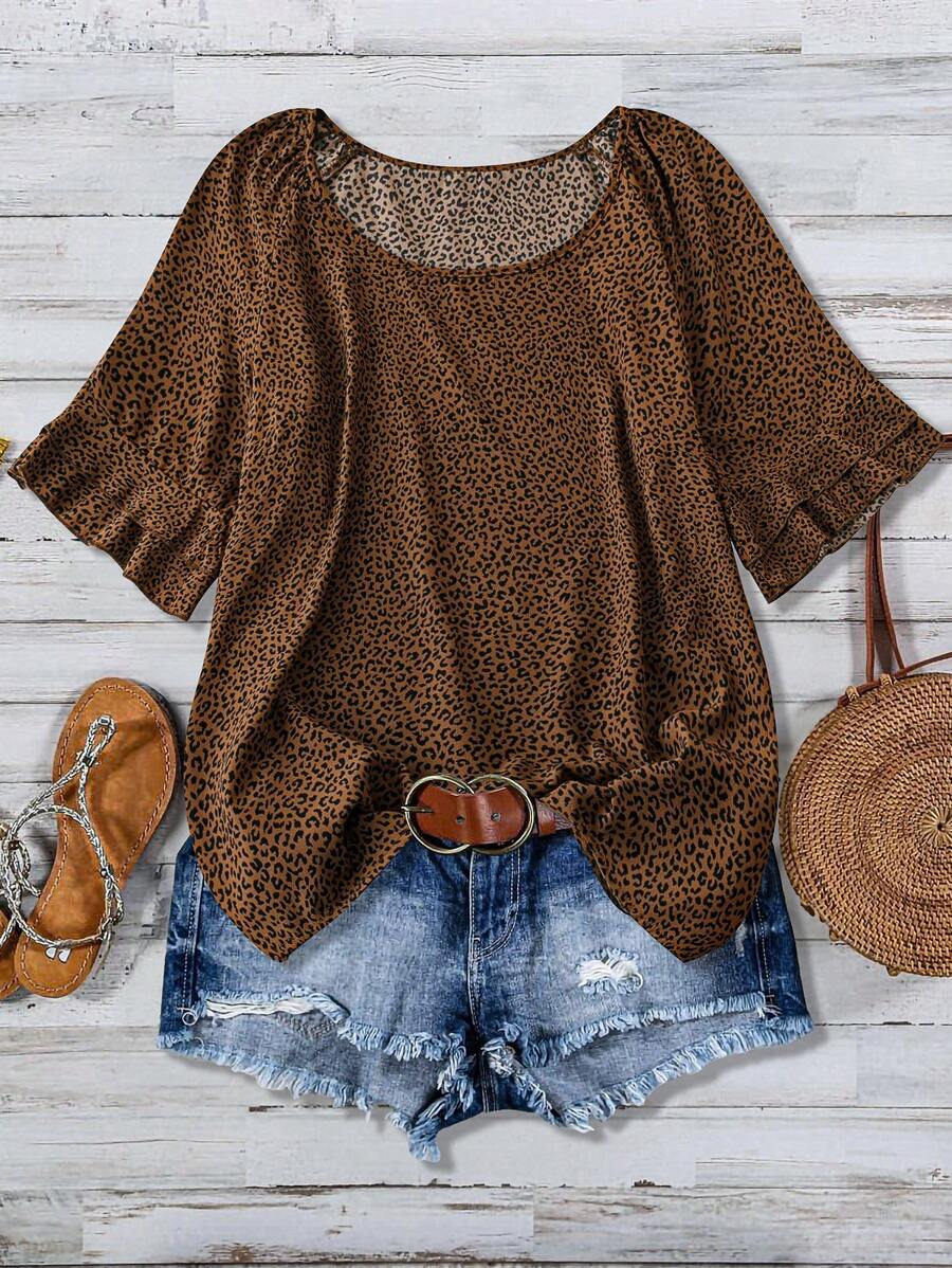 Linhara Plus Size Summer Leopard Print Round Neck Flare Sleeve Loose Casual Shirt - Multicolor - View 1