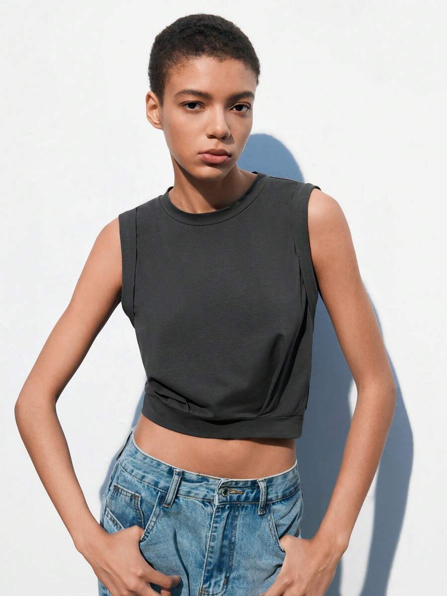 SHEIN Maija Áo ba lỗ cổ tròn màu trơn cho nữ mùa hè - Xám - Xem 1