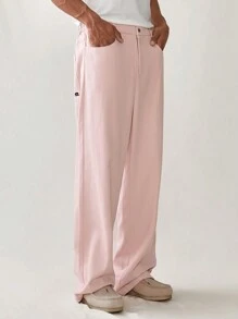 Manfinity RebelGame Pantaloni casual țesuți cu picioare largi pentru bărbați, cu culoare uni și buzunare