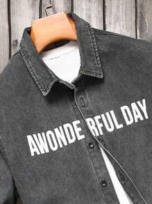 Manfinity Homme Men Casual Daily Long Sleeve Denim Shirt With Letter Printing - Dark Grey - View 6