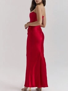 Women Solid Color Backless Party Valentine's Day Dress, Sexy Club Dresses For Spring & Summer, Bridesmaid Dress - Red - View 2
