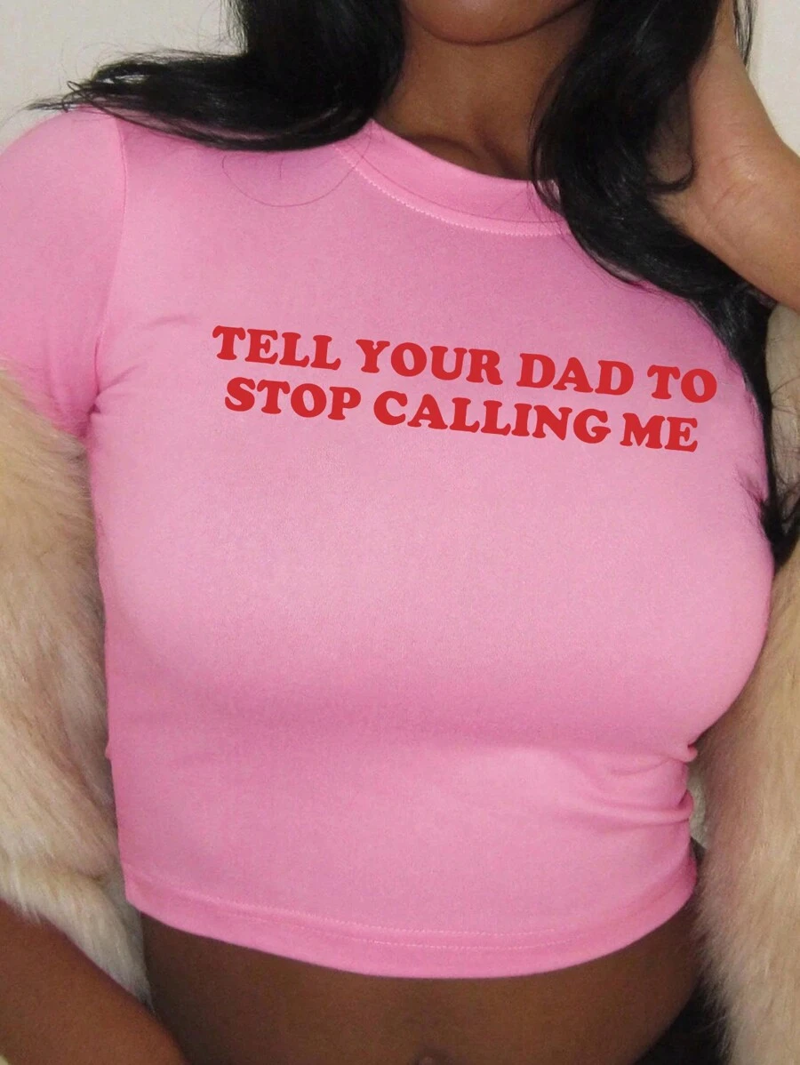 SHEIN EZwear Women Summer Short Sleeve T-Shirt With Slogan Print, Round Neckline, Cropped, Slim Fit - Pink - View 1