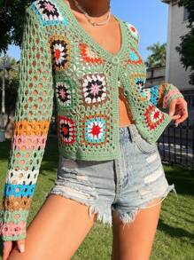 Breezaya Frauen Urlaub Floral gemusterte Cut Out lange Ärmel offen Front lockere Strickjacke
