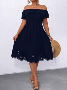 SHEIN Clasi 大碼女性夏季純色荷葉邊露肩燃燒效果空心優雅連衣裙 - 藏蓝色 - 查看 7