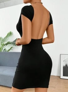 SHEIN EZwear Váy chữ A hở lưng dệt kim màu đen thời trang mùa hè cho nữ - màu đen - Xem 5