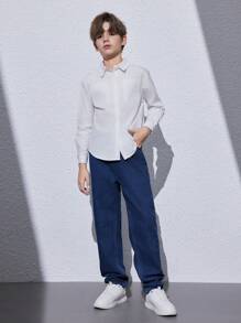 SHEIN Tween Boy Casual Tapered Jeans With Slanted Pockets And Elastic Waistband At The Back, School, Campus, College Chic Autumn/Winter - Dark Wash - View 4