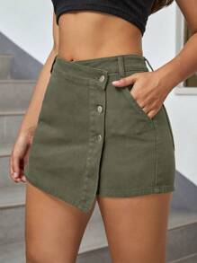 SHEIN ICON Váy Denim Nữ Có Viền Bất Đối Xứng Và Có Nút Nửa Túi - màu xanh lá - Xem 5