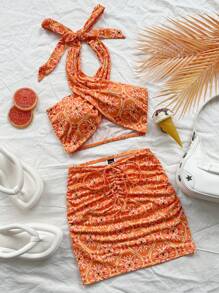 Soleia Women's Vacation Style Orange Boho Print Cross Wrap Front Crop Top And Drawstring Waist Bodycon Skirt 2-Piece Set, Suitable For Music Festival, Summer Beach Outfit - Orange - View 1