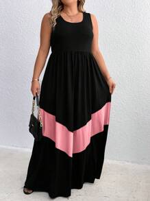SHEIN Holidaya Plus Size Women Boho Summer Color Blocking Long Round Neck Sleeveless Casual Simple Dress