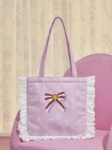 CARDCAPTOR SAKURA | SHEIN Bolso Rosa De Mano Para Mujer Con Lazo Decorativo, Detalles De Borde Ondulado En Contraste