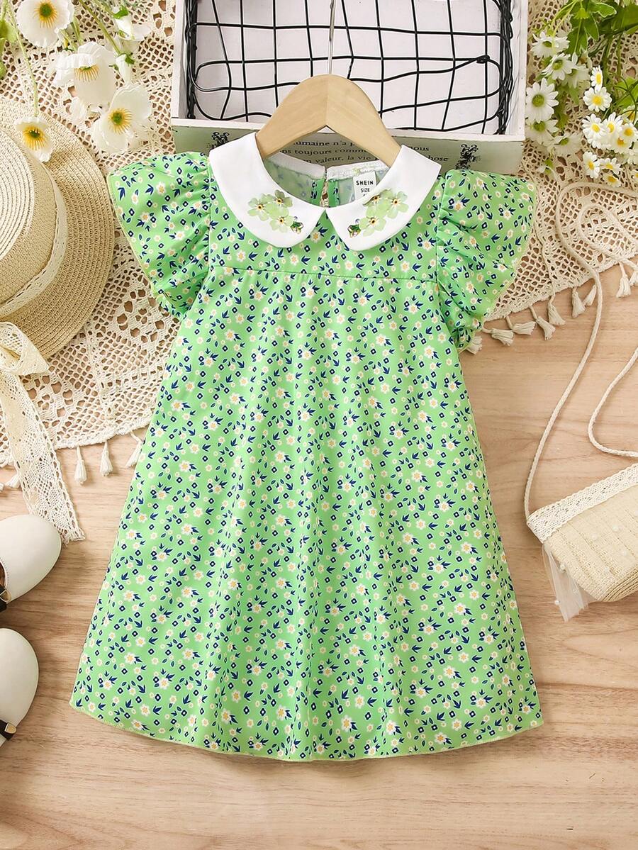SHEIN Váy ngắn tay phong cách ngày lễ cho bé gái, thêu cổ Peter Pan và in toàn bộ - màu xanh lá - Xem 1