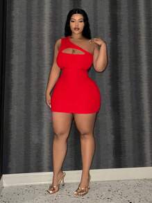 Slaydiva Plus Size Elegant And Casual Cutout One-Shoulder Bodycon Mini Dress With Ribbed Texture