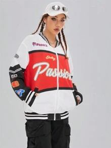 Coolane 1pc Letter Graphic Colourblock Drop Shoulder Striped Trim Varsity Jacket - Multicolor - View 4
