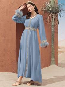 Al Najma Turkish Style Long Dress With V-Neck, Contrast Belt, Fluffy Cuffs And Leather Patchwork, Modest Kaftan