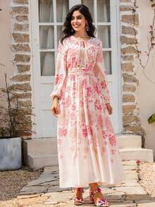 Women's Floral Print Round Neck Cinched Waist Draped Chiffon Vintage Dress - Pink - View 7