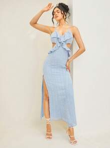 L'Amorae Swiss Dot Ruffle Cut Out Split Thigh Slip Dress - Blue - View 4