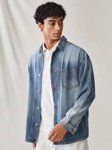 Manfinity Hypemode Camisa casual de mezclilla azul claro suelta para hombre, manga larga, para uso al aire libre en primavera